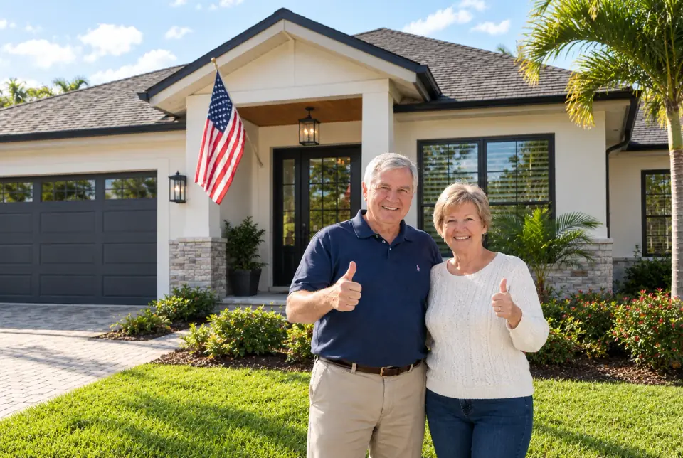 Smiling senior couple in front of their home