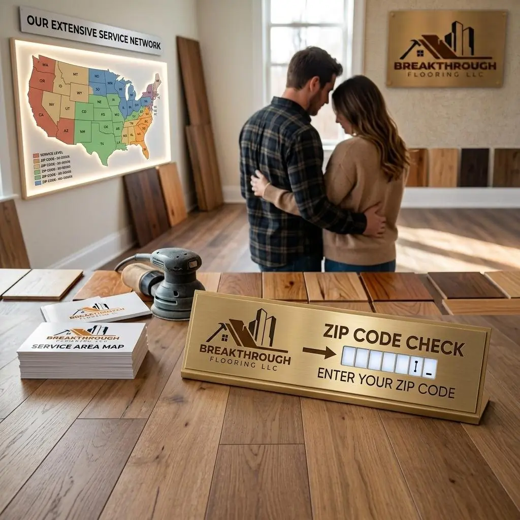Homeowners reviewing flooring samples during a ZIP code check