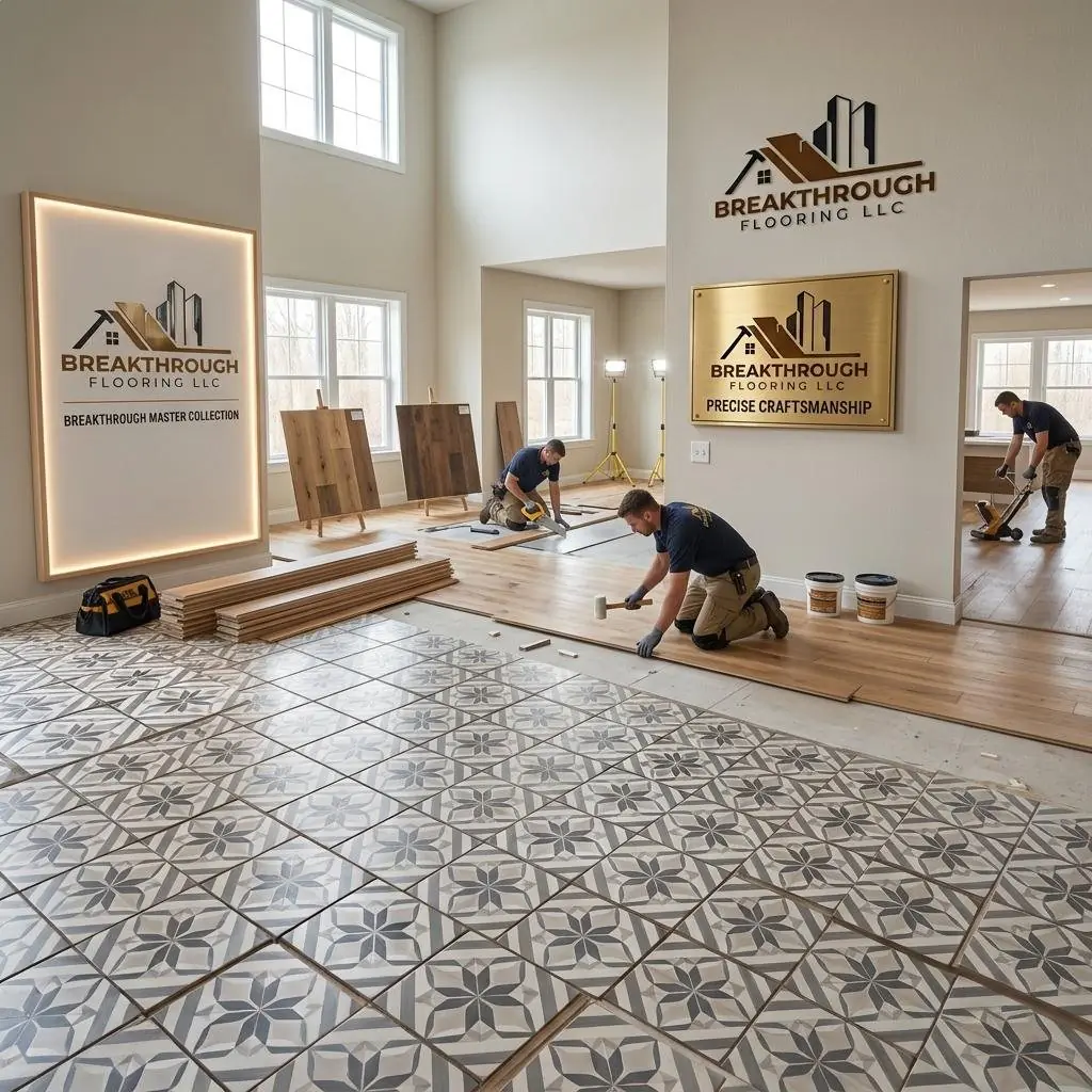 Install crew setting a patterned tile floor in a bright entry