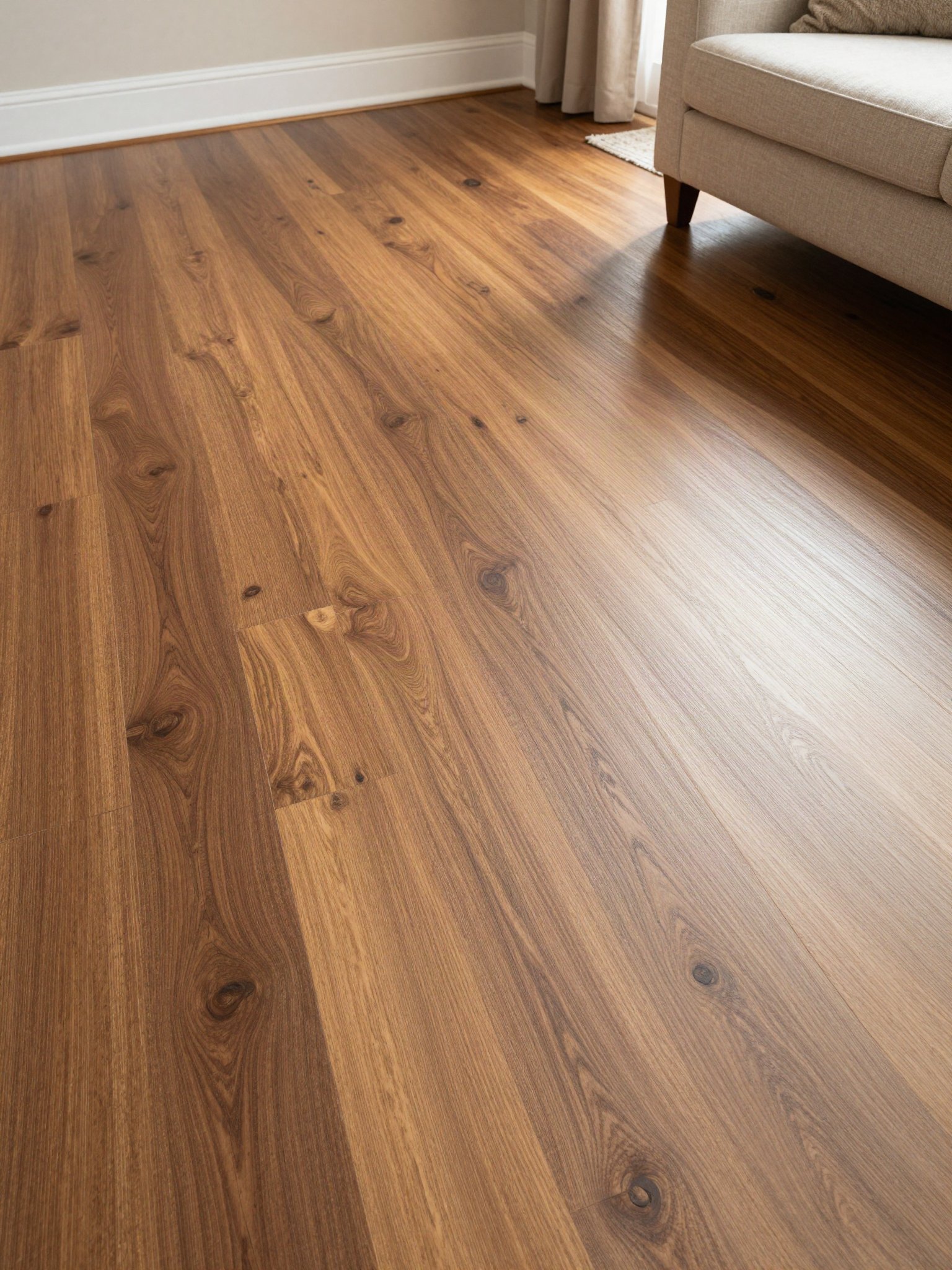 Dark hardwood floor on an upper landing overlooking a living room