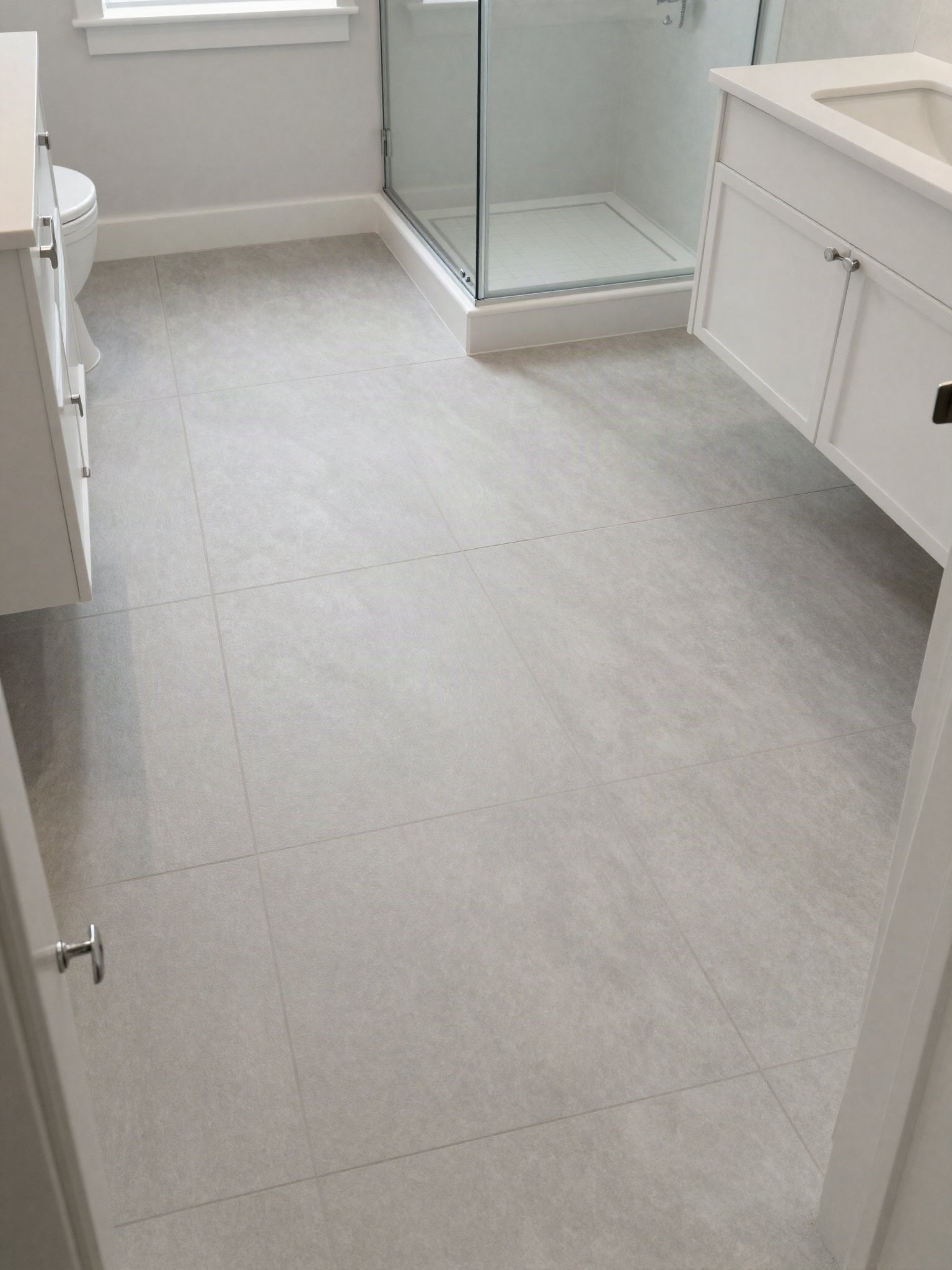 Bathroom with large-format light tile and a dark vanity