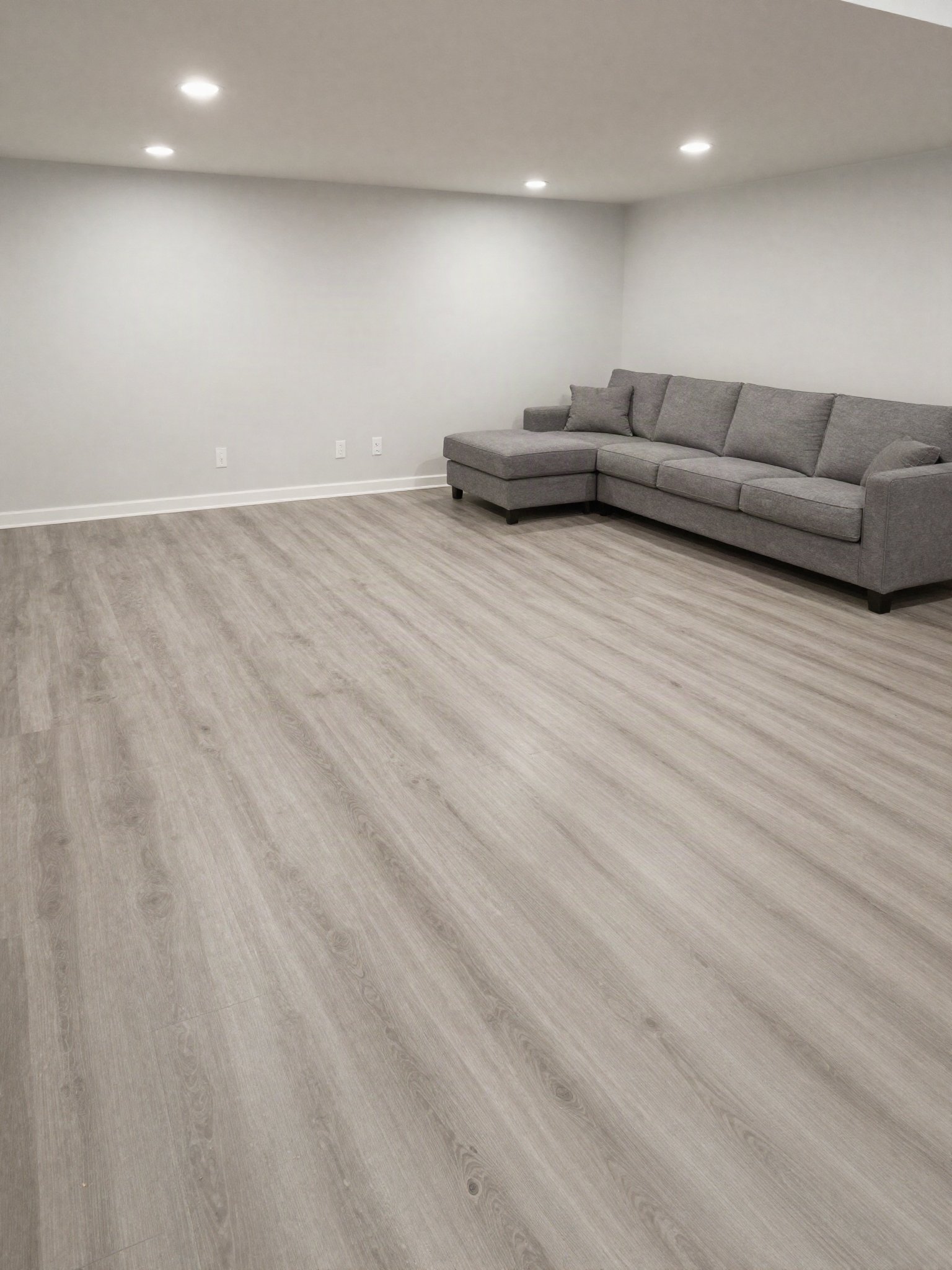 White kitchen with light wood plank flooring